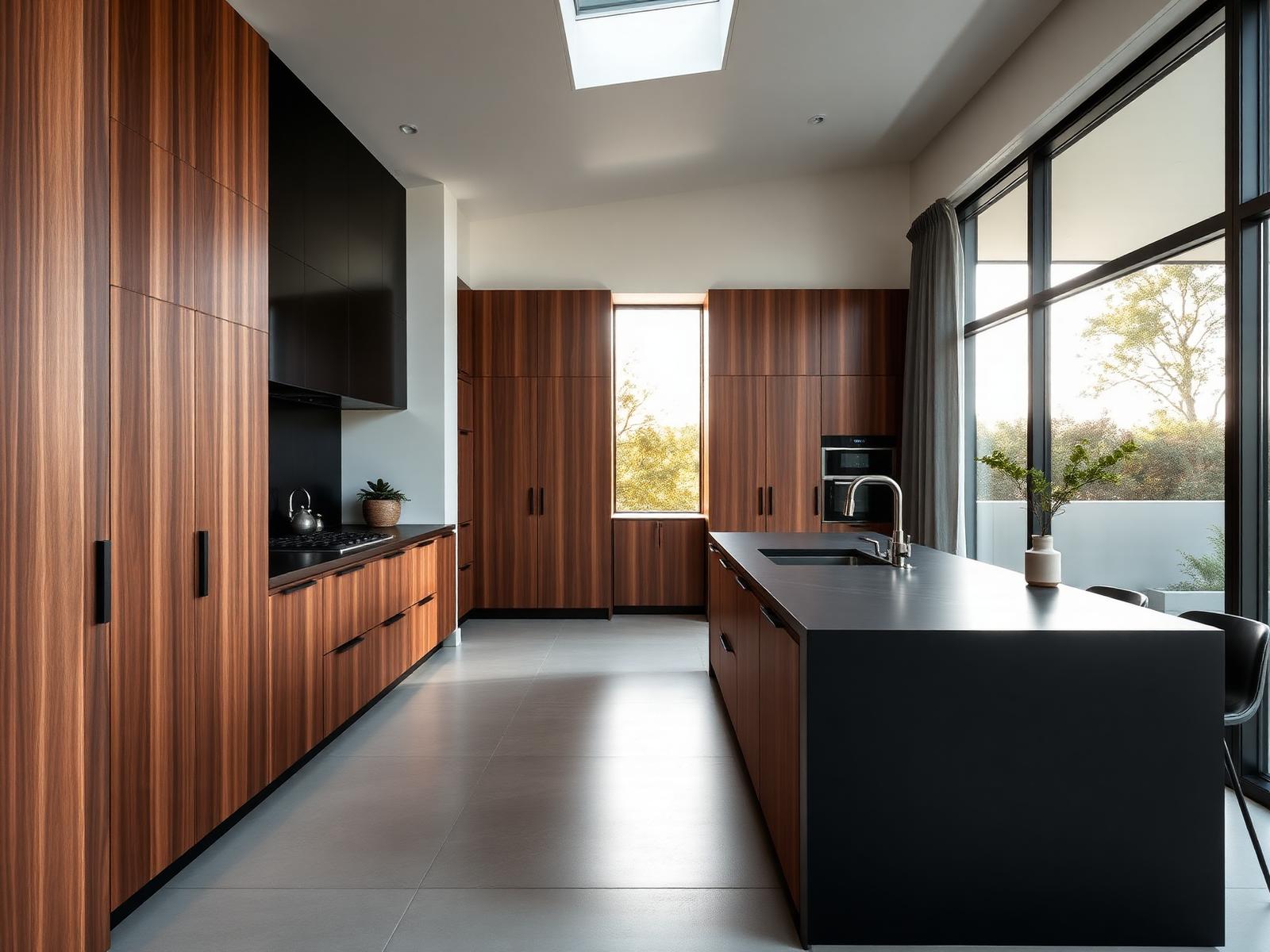 Dark timber kitchen with stone island